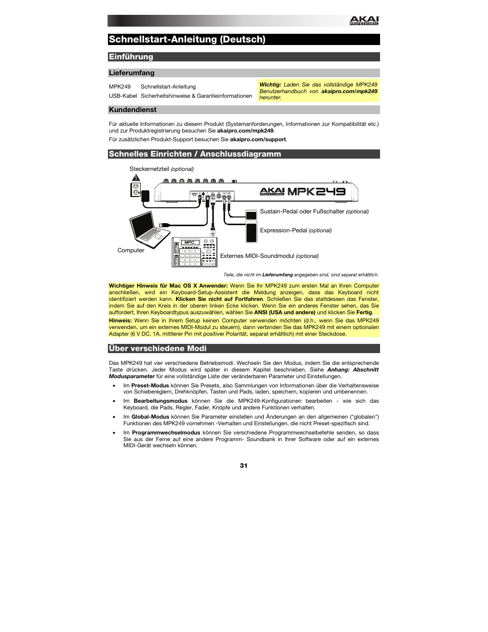 Schnellstart-anleitung (deutsch), Einführung, Lieferumfang | Kundendienst, Schnelles einrichten / anschlussdiagramm, Über verschiedene modi, Schnellstart-anleitung, Deutsch ( 31 – 37 ) | Akai MPK249 User Manual | Page 31 / 44