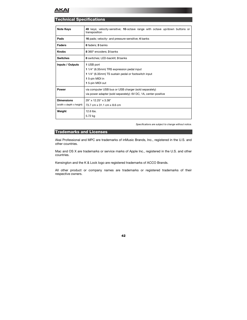 Technical specifications, Trademarks and licenses | Akai MPK249 User Manual | Page 42 / 44