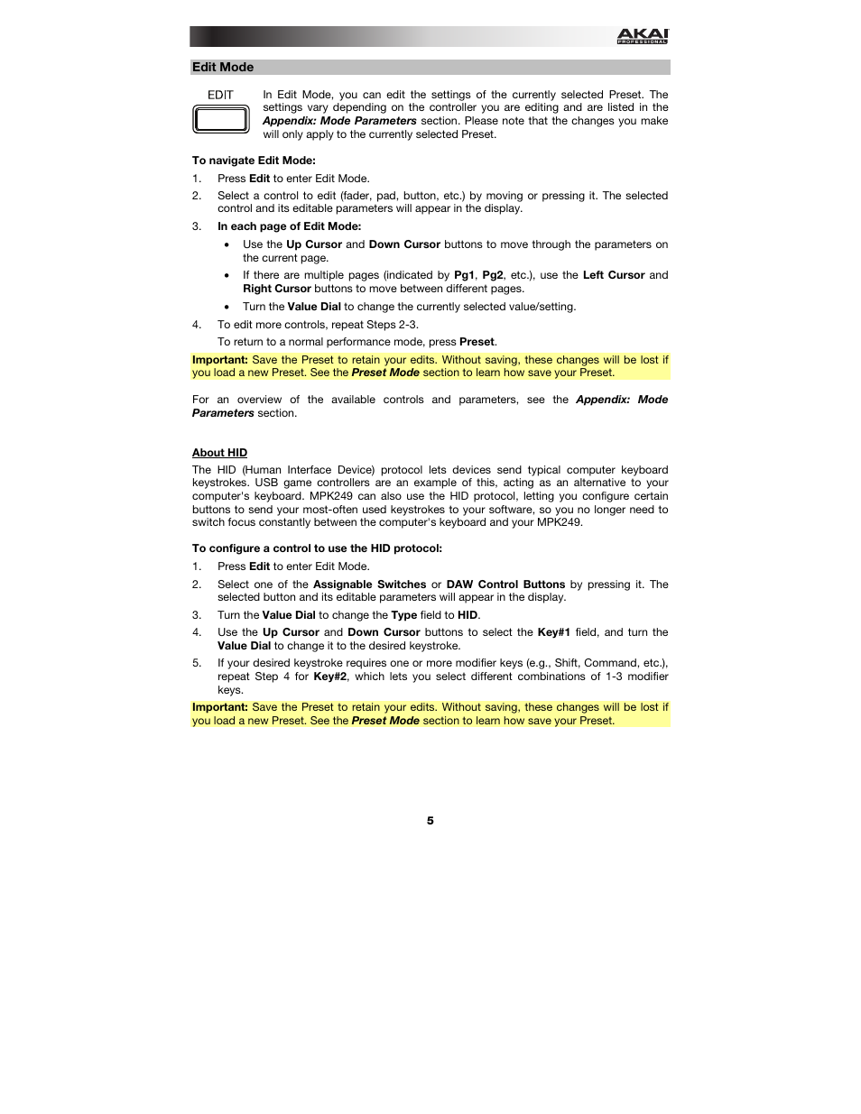 Edit mode, About hid, Edit mode let | Akai MPK249 User Manual | Page 5 / 44