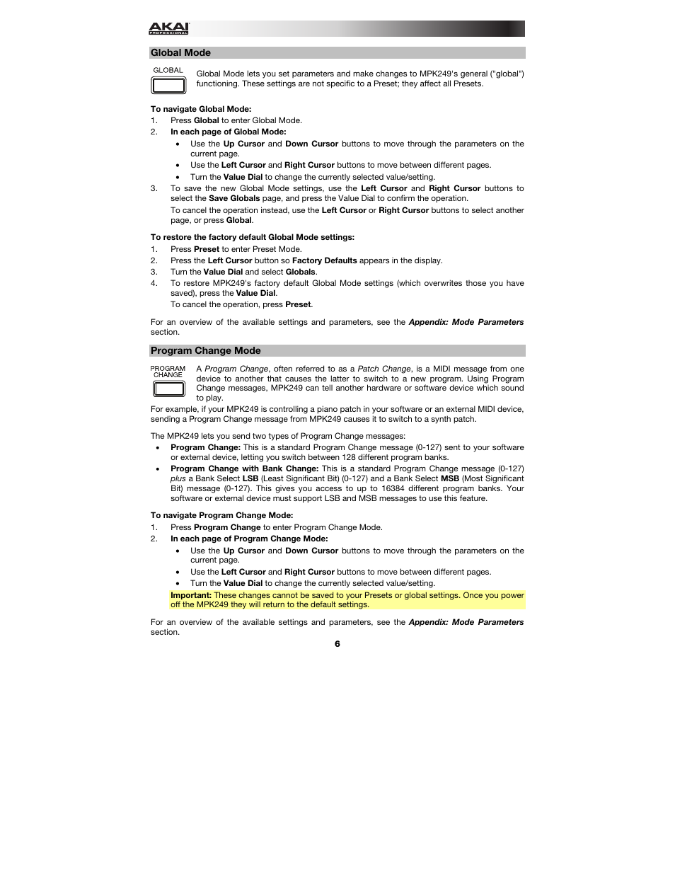 Global mode, Program change mode | Akai MPK249 User Manual | Page 6 / 44
