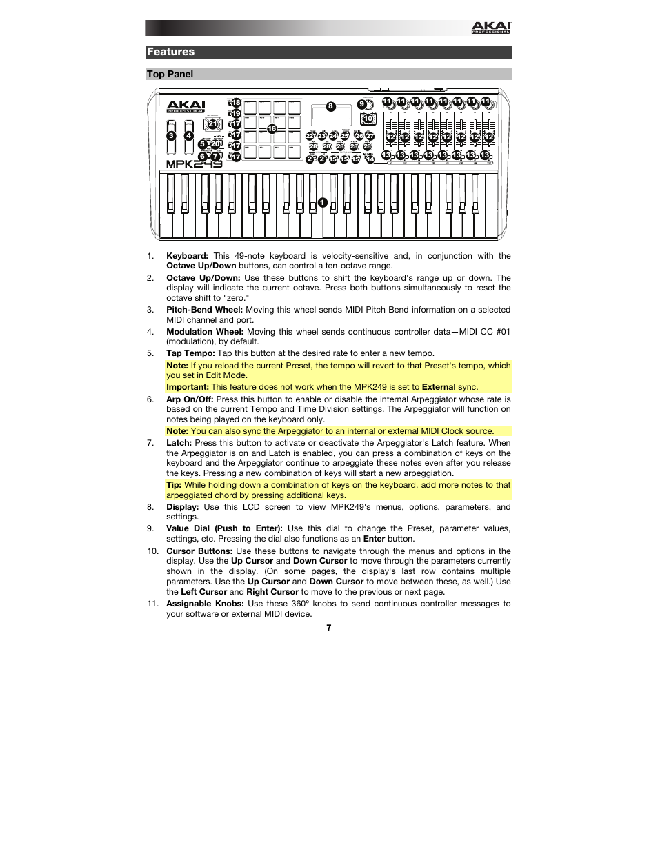 Features, Top panel | Akai MPK249 User Manual | Page 7 / 44