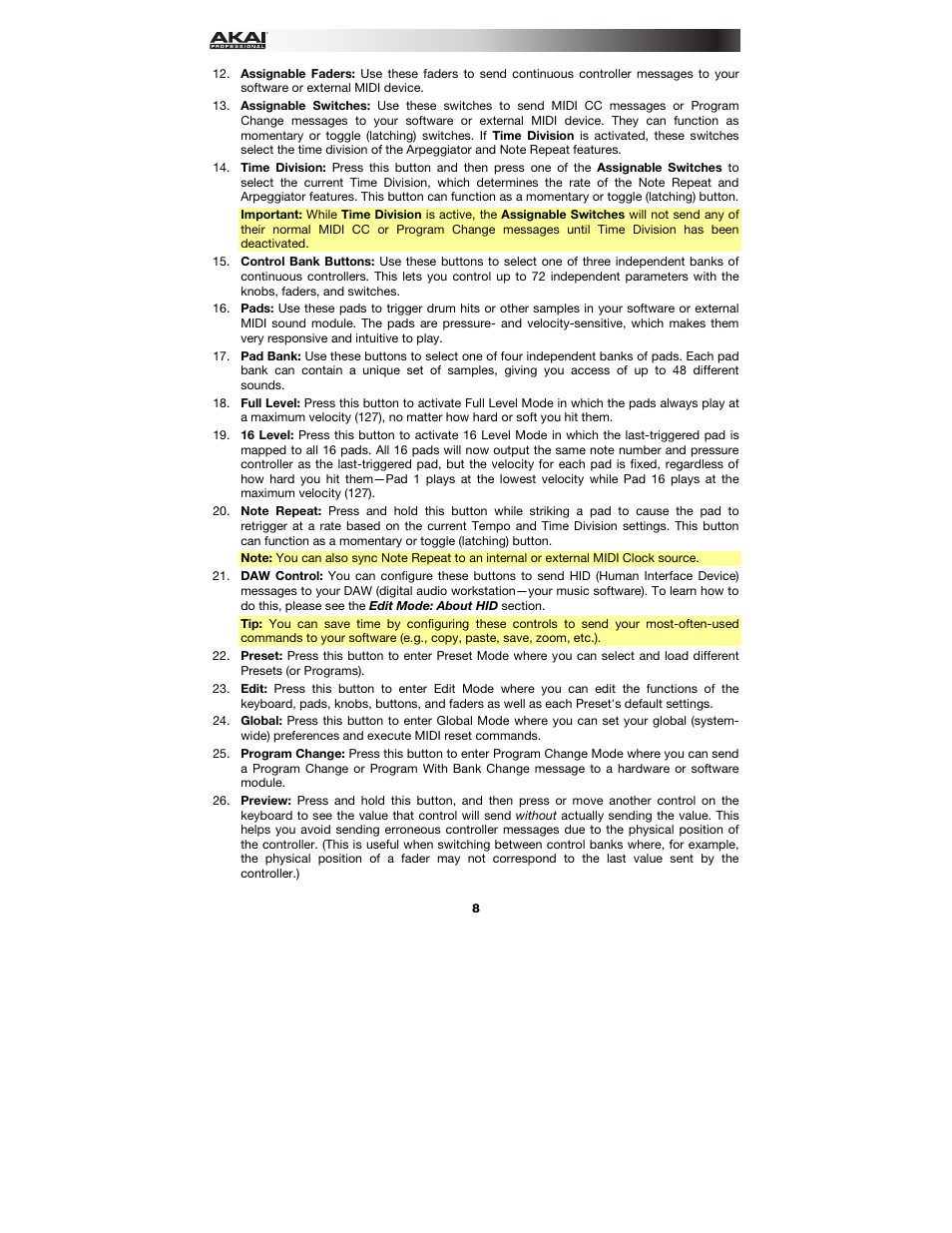 Akai MPK249 User Manual | Page 8 / 44