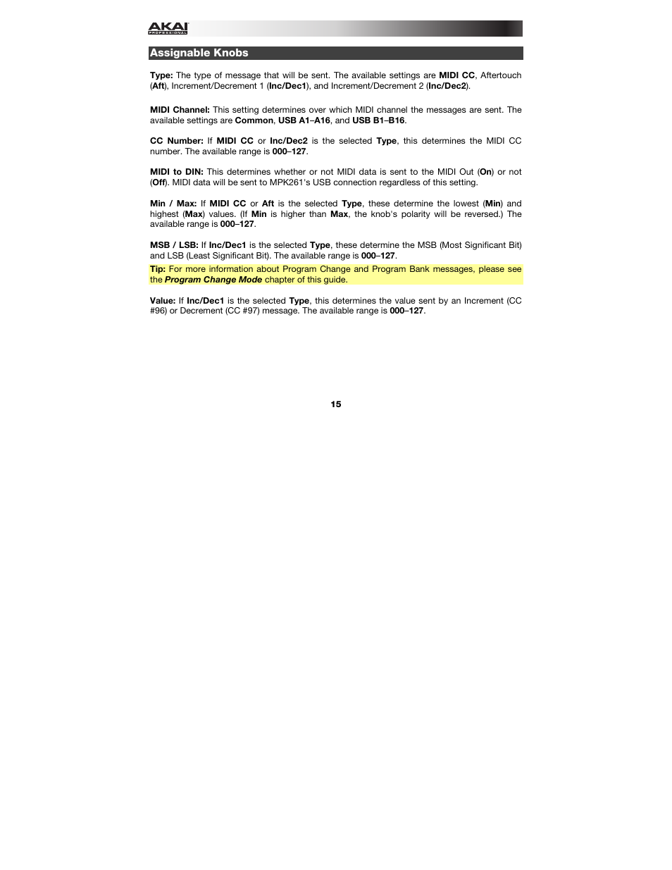 Assignable knobs | Akai MPK261 User Manual | Page 15 / 46