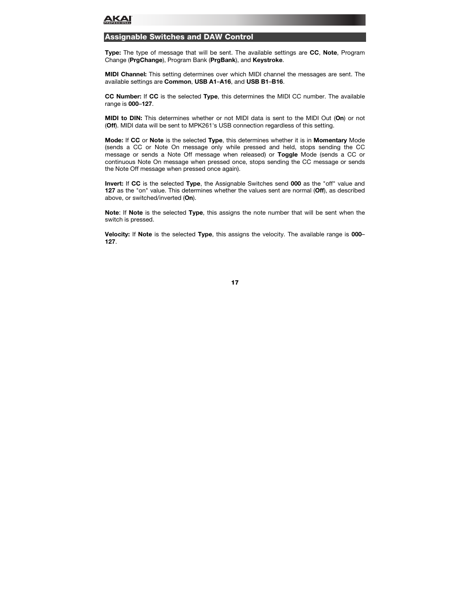 Assignable switches and daw control | Akai MPK261 User Manual | Page 17 / 46
