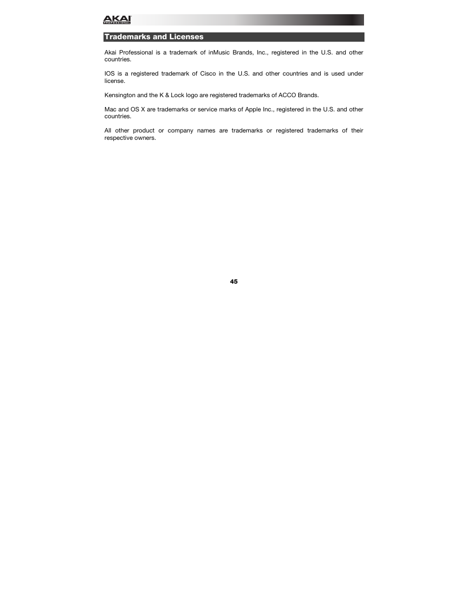 Trademarks and licenses | Akai MPK261 User Manual | Page 45 / 46