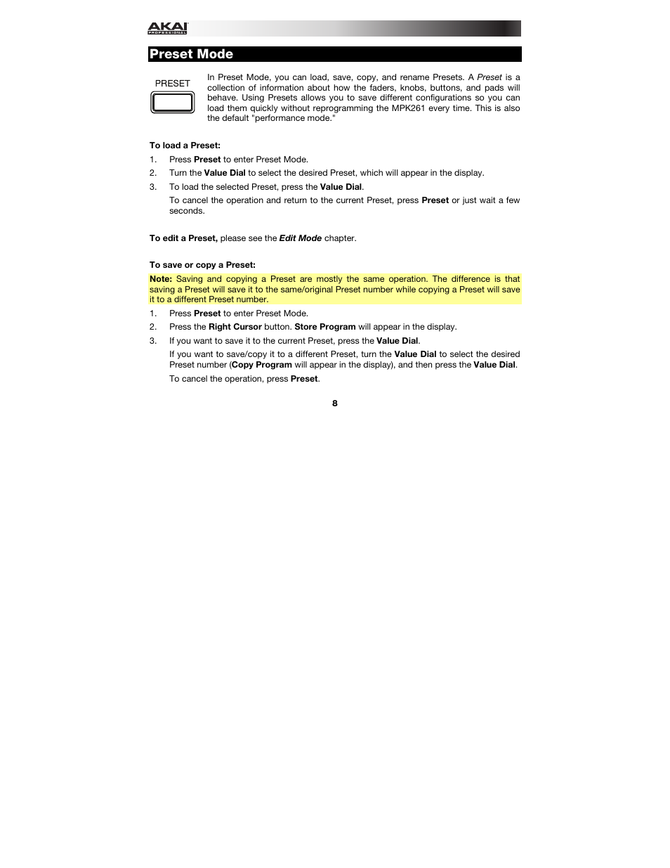 Preset mode, Preset mode l | Akai MPK261 User Manual | Page 8 / 46