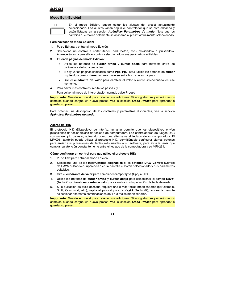 Modo edit (edición), Acerca del hid, Modo edit | Akai MPK261 User Manual | Page 12 / 44