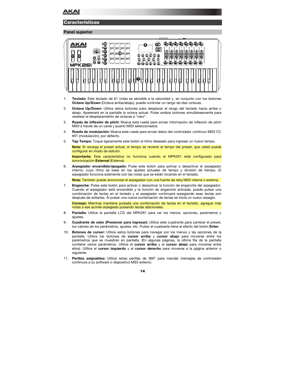 Características, Panel superior | Akai MPK261 User Manual | Page 14 / 44