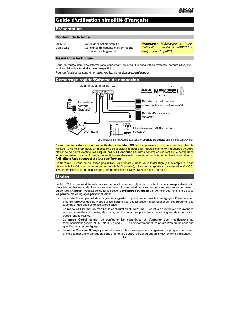 Guide d’utilisation simplifié (français), Présentation, Contenu de la boîte | Assistance technique, Démarrage rapide/schéma de connexion, Modes, Guide d'utilisation simplifié, Français ( 17 – 23 ) | Akai MPK261 User Manual | Page 17 / 44