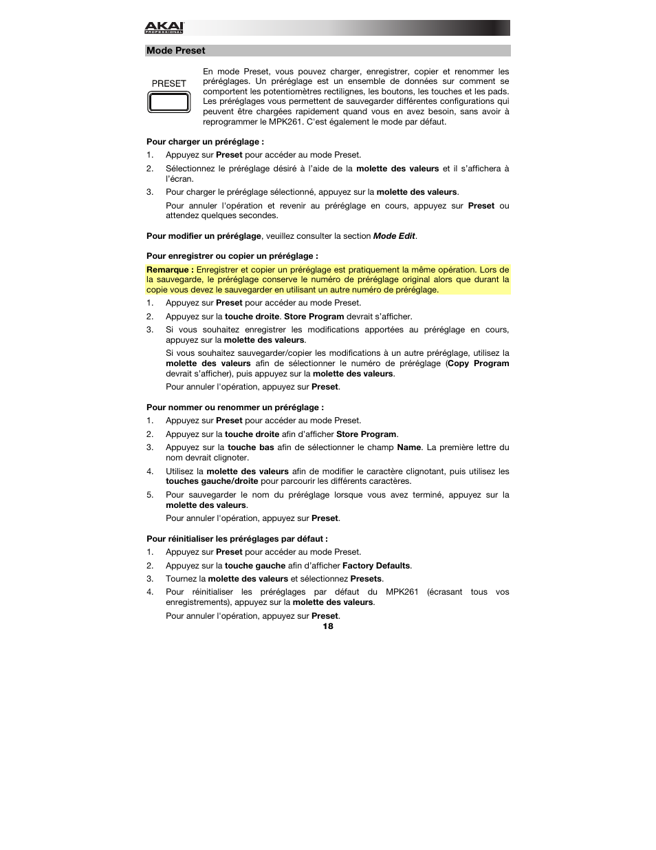 Mode preset | Akai MPK261 User Manual | Page 18 / 44