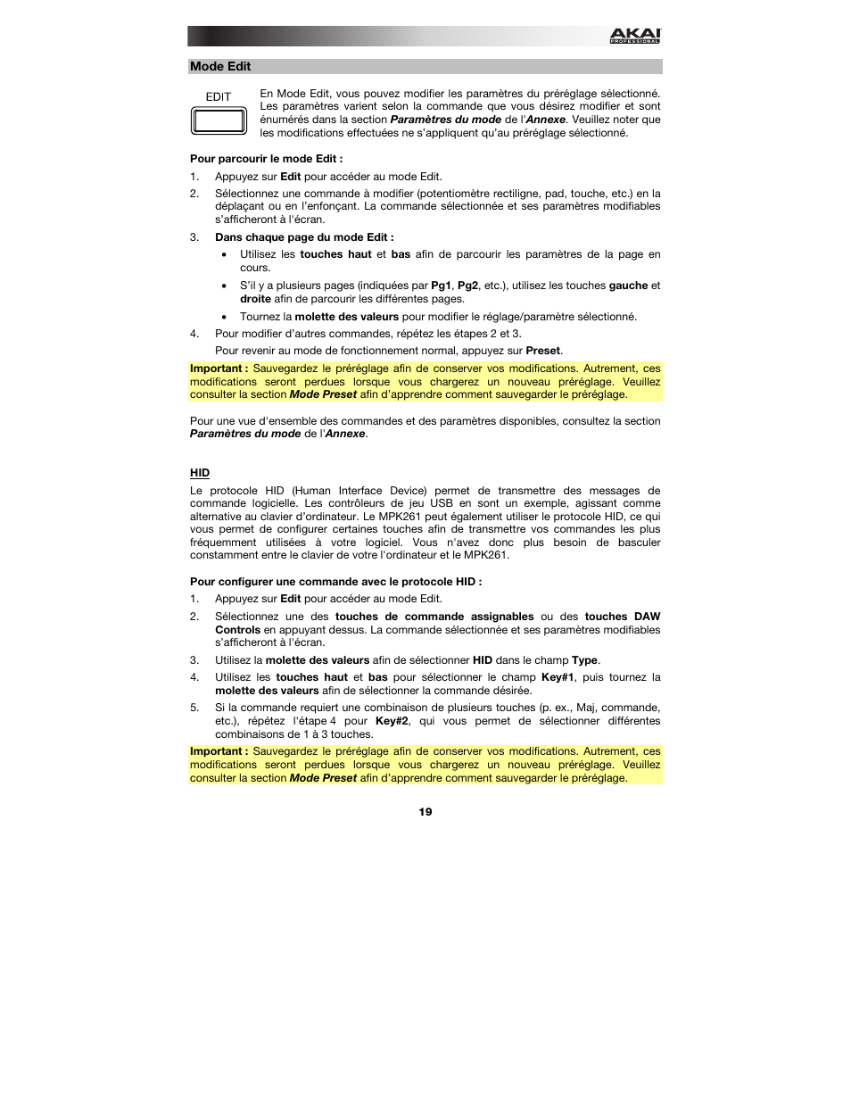 Mode edit | Akai MPK261 User Manual | Page 19 / 44