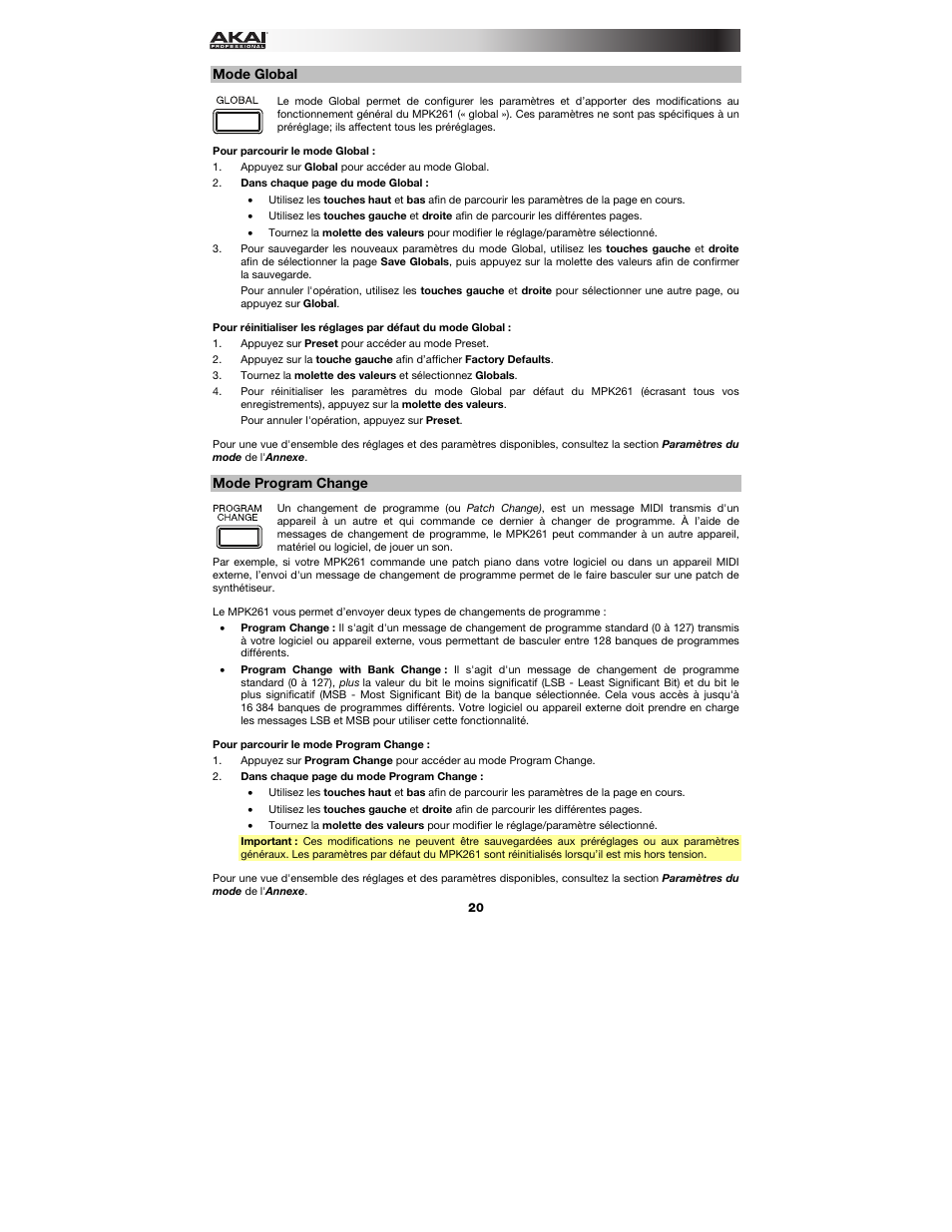 Mode global, Mode program change | Akai MPK261 User Manual | Page 20 / 44