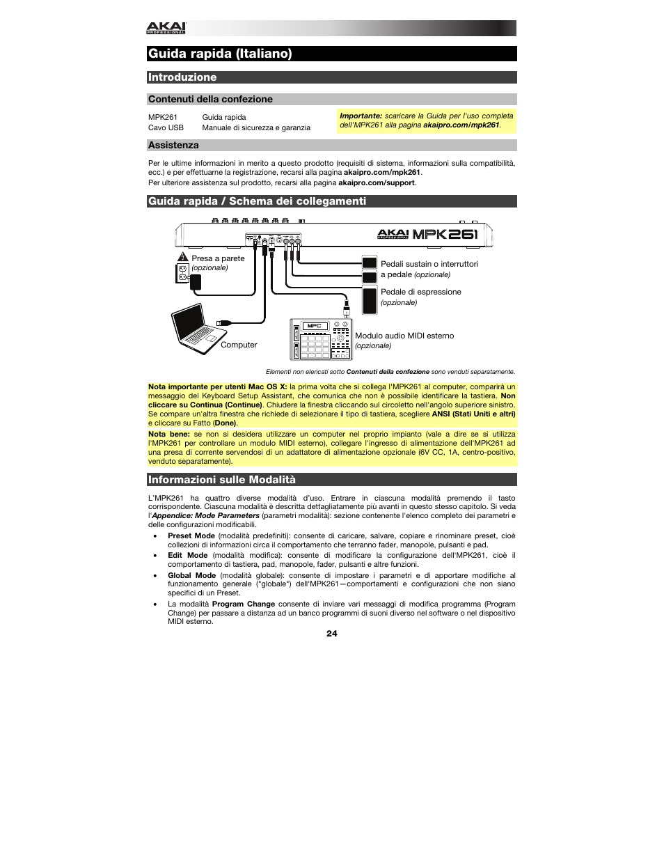 Guida rapida (italiano), Introduzione, Contenuti della confezione | Assistenza, Guida rapida / schema dei collegamenti, Informazioni sulle modalità, Guida rapida, Italiano ( 24 – 30 ) | Akai MPK261 User Manual | Page 24 / 44