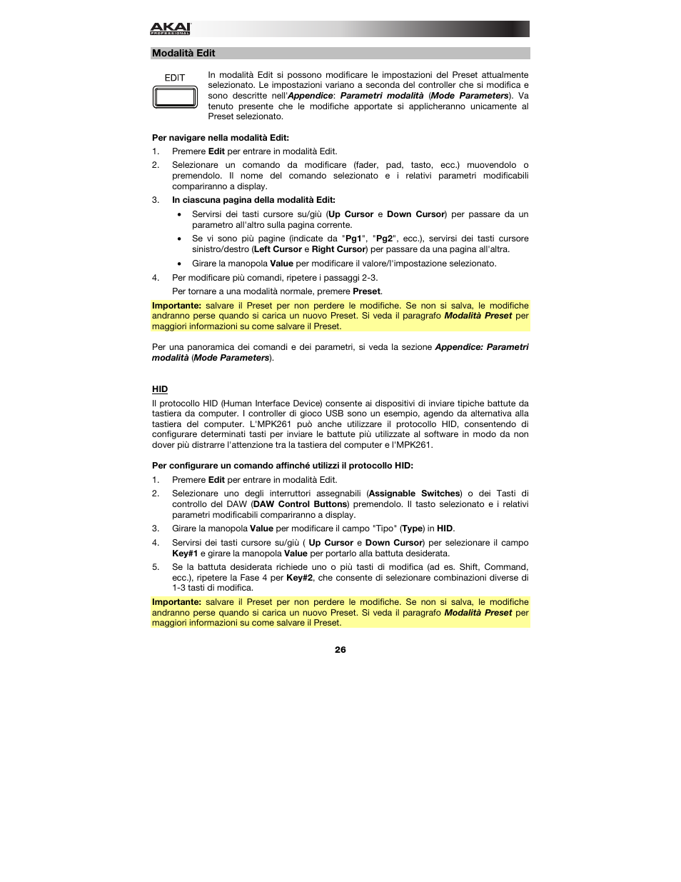 Modalità edit, Edit mode (modalità modif | Akai MPK261 User Manual | Page 26 / 44
