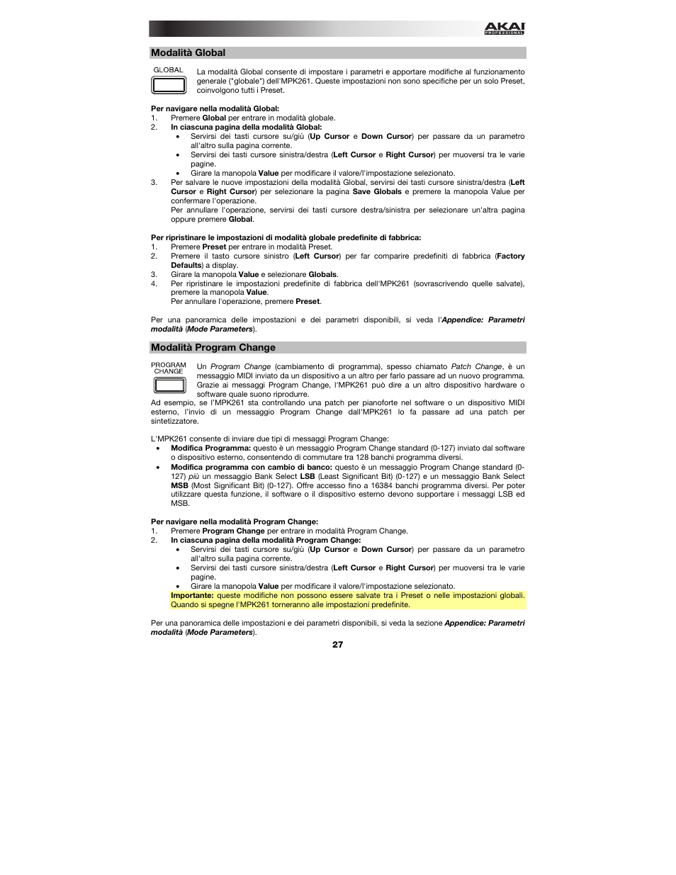 Modalità global, Modalità program change, Global mode | Lità program change | Akai MPK261 User Manual | Page 27 / 44