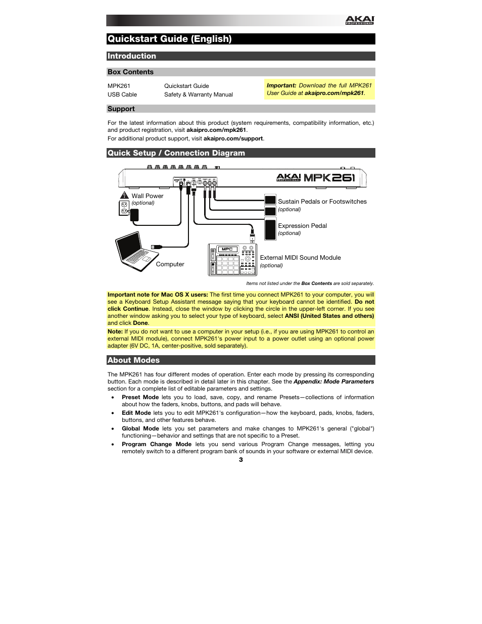 Quickstart guide (english), Introduction, Box contents | Support, Quick setup / connection diagram, About modes, Quickstart guide, English ( 3 – 9 ) | Akai MPK261 User Manual | Page 3 / 44