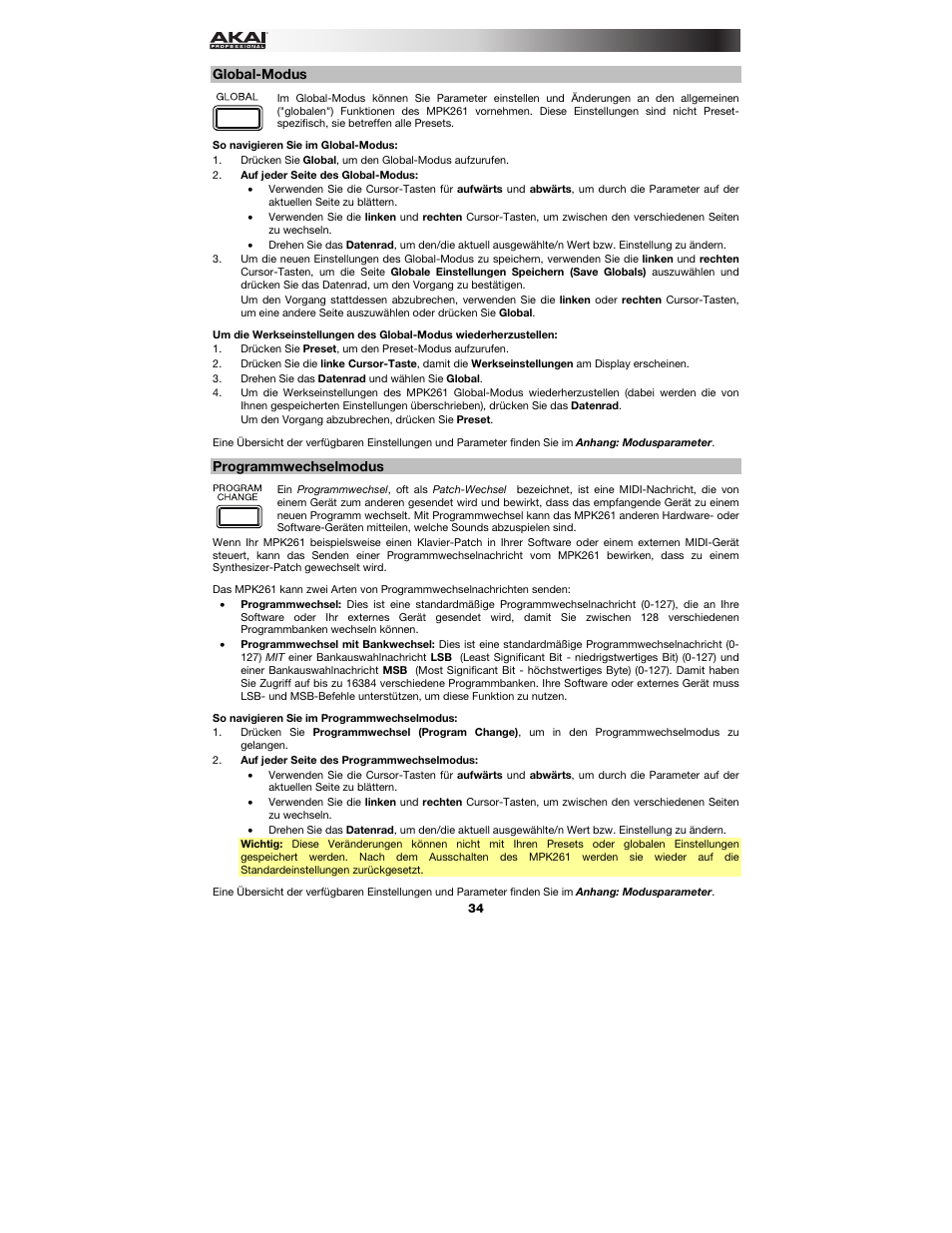 Global-modus, Programmwechselmodus, Programmwechselmodus könne | Akai MPK261 User Manual | Page 34 / 44