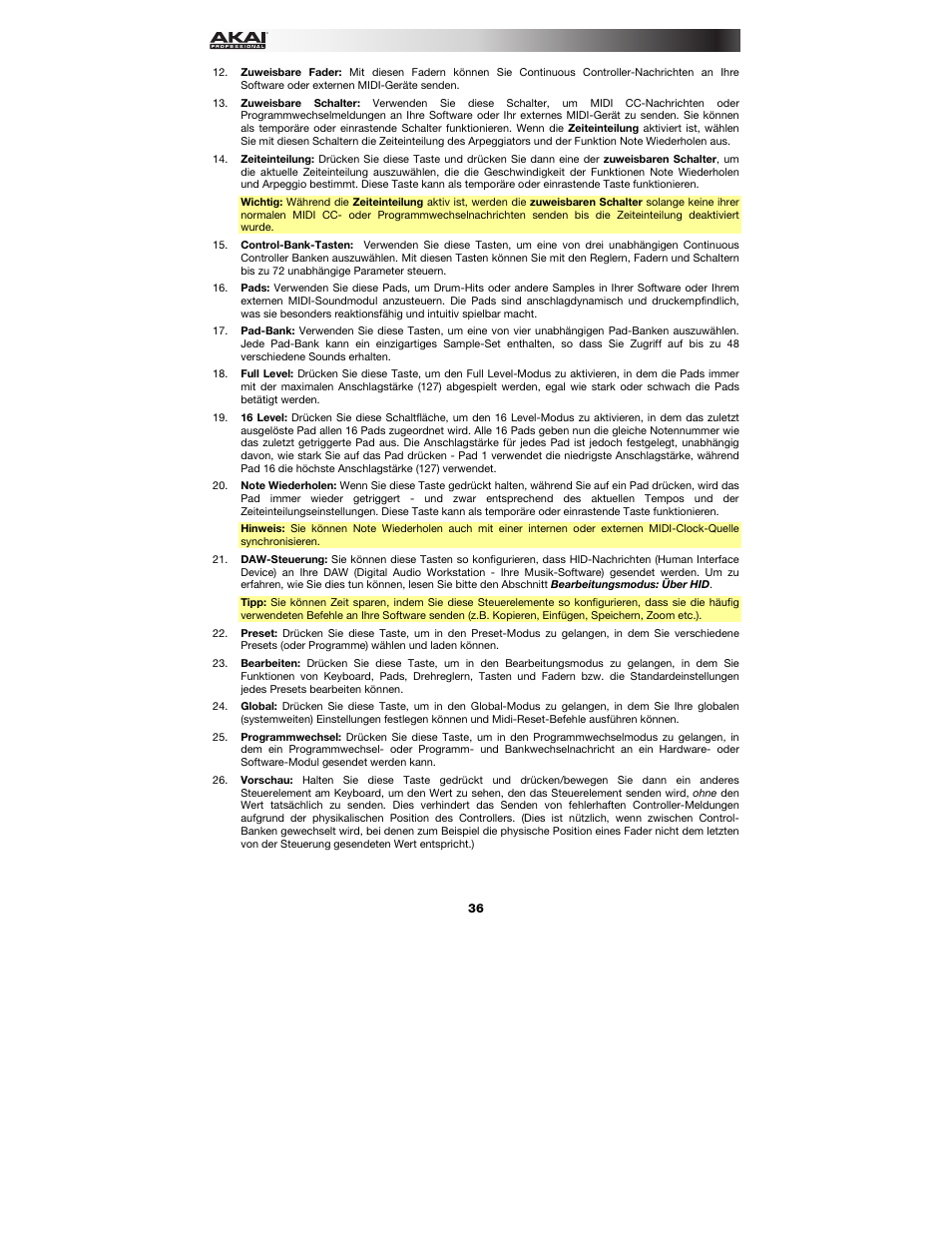 Akai MPK261 User Manual | Page 36 / 44