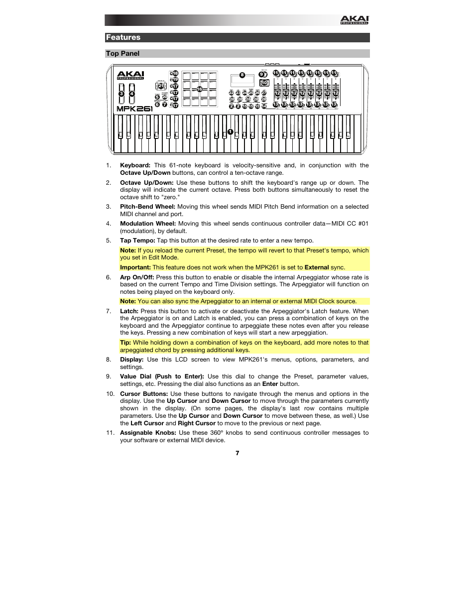 Features, Top panel | Akai MPK261 User Manual | Page 7 / 44