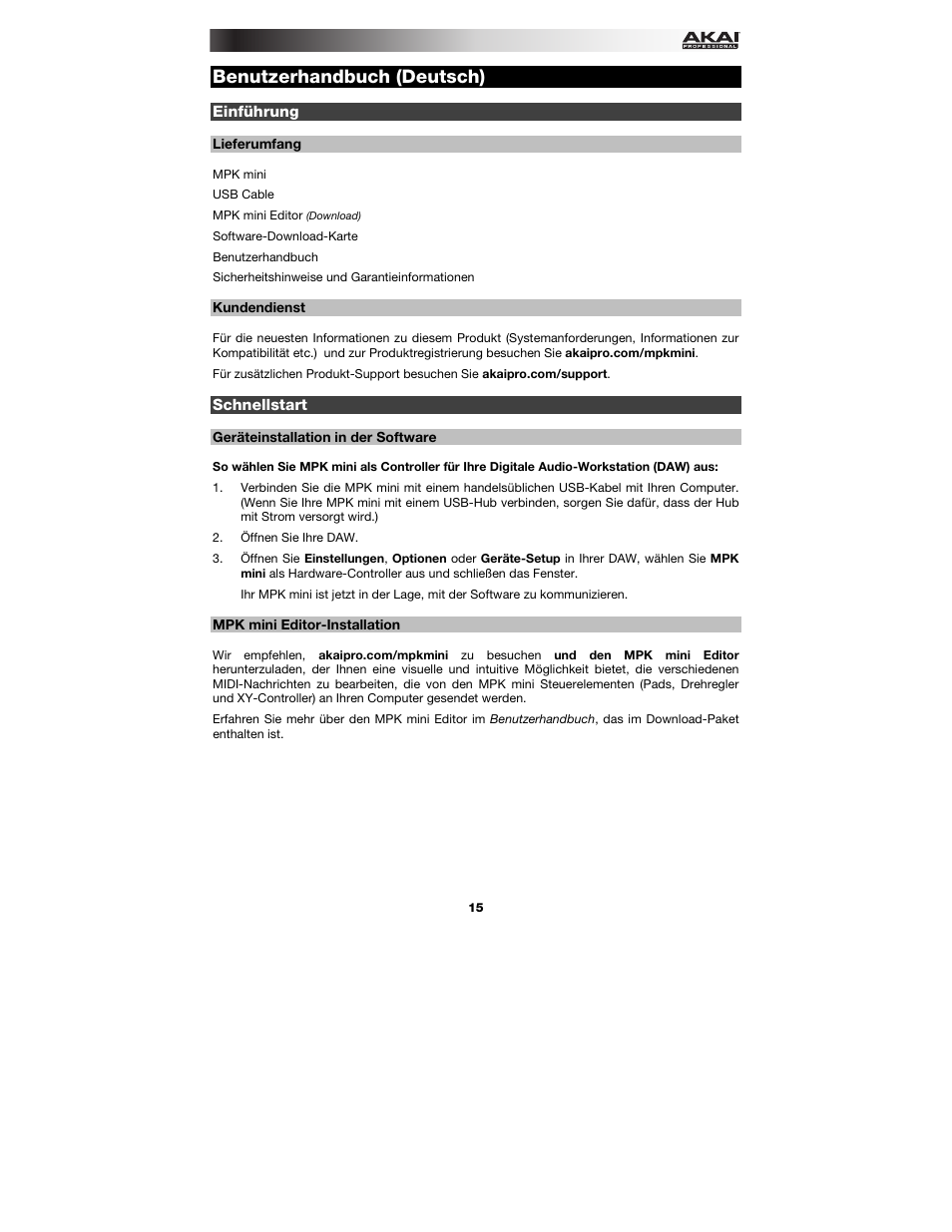 Benutzerhandbuch (deutsch), Einführung, Lieferumfang | Kundendienst, Schnellstart, Geräteinstallation in der software, Mpk mini editor-installation, Benutzerhandbuch, Deutsch ( 15 – 17 ) | Akai MPK mini User Manual | Page 15 / 20