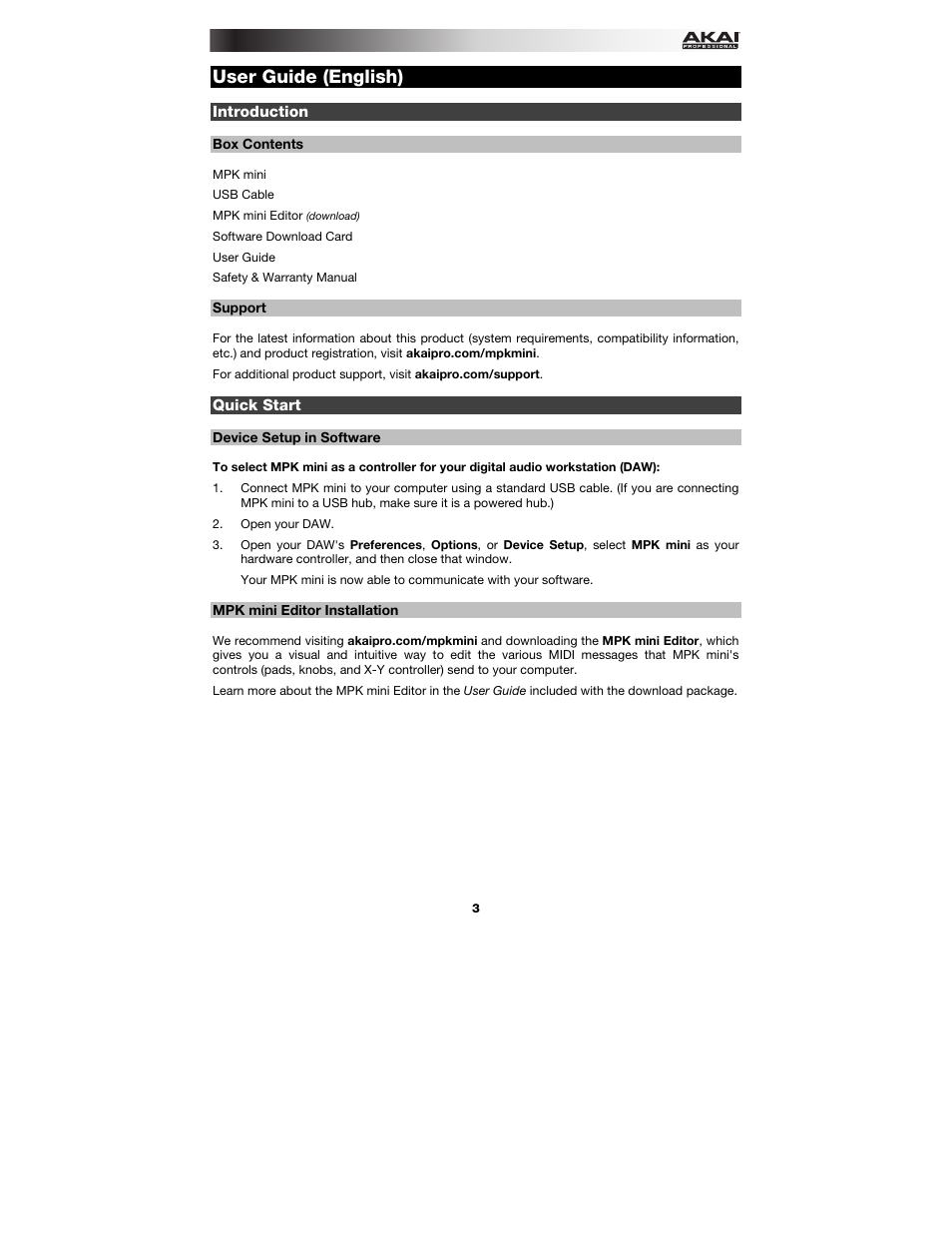User guide (english), Introduction, Box contents | Support, Quick start, Device setup in software, Mpk mini editor installation, User guide, English ( 3 – 5 ) | Akai MPK mini User Manual | Page 3 / 20