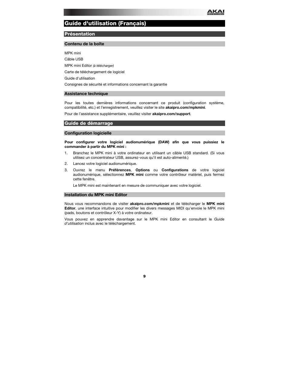 Guide d'utilisation (français), Présentation, Contenu de la boîte | Assistance technique, Guide de démarrage, Configuration logicielle, Installation du mpk mini editor, Guide d'utilisation, Français ( 9 – 11 ) | Akai MPK mini User Manual | Page 9 / 20