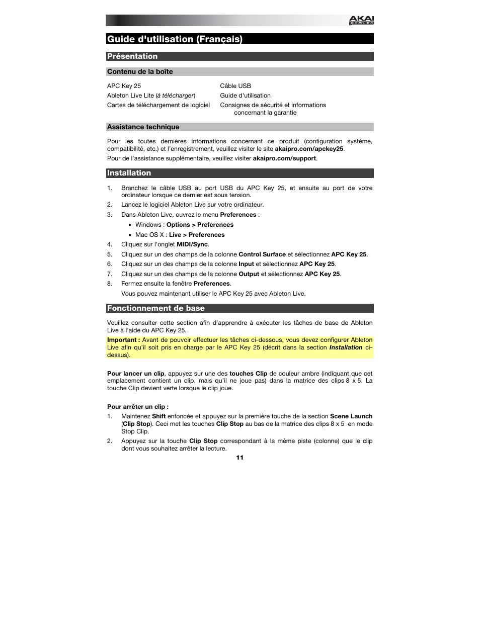 Guide d'utilisation (français), Présentation, Contenu de la boîte | Assistance technique, Installation, Fonctionnement de base, Guide d'utilisation, Français ( 11 – 14 ) | Akai APC Key 25 User Manual | Page 11 / 24