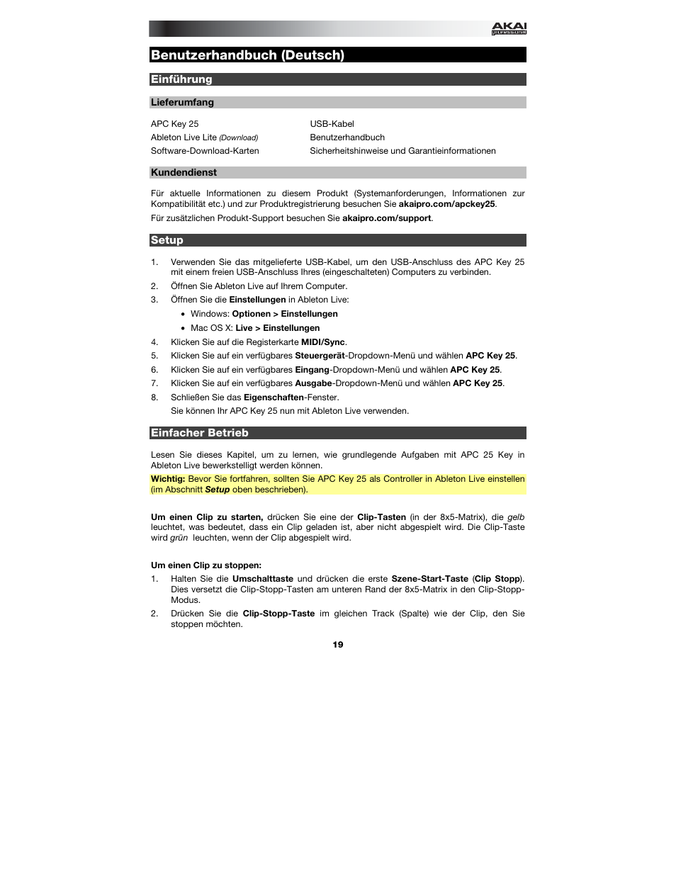 Benutzerhandbuch (deutsch), Einführung, Lieferumfang | Kundendienst, Setup, Einfacher betrieb, Benutzerhandbuch, Deutsch ( 19 – 22 ) | Akai APC Key 25 User Manual | Page 19 / 24