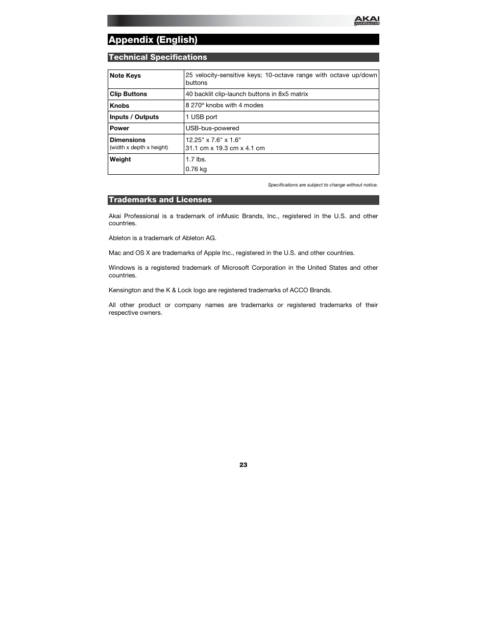 Appendix (english), Technical specifications, Trademarks and licenses | Appendix, English ( 23 ) | Akai APC Key 25 User Manual | Page 23 / 24