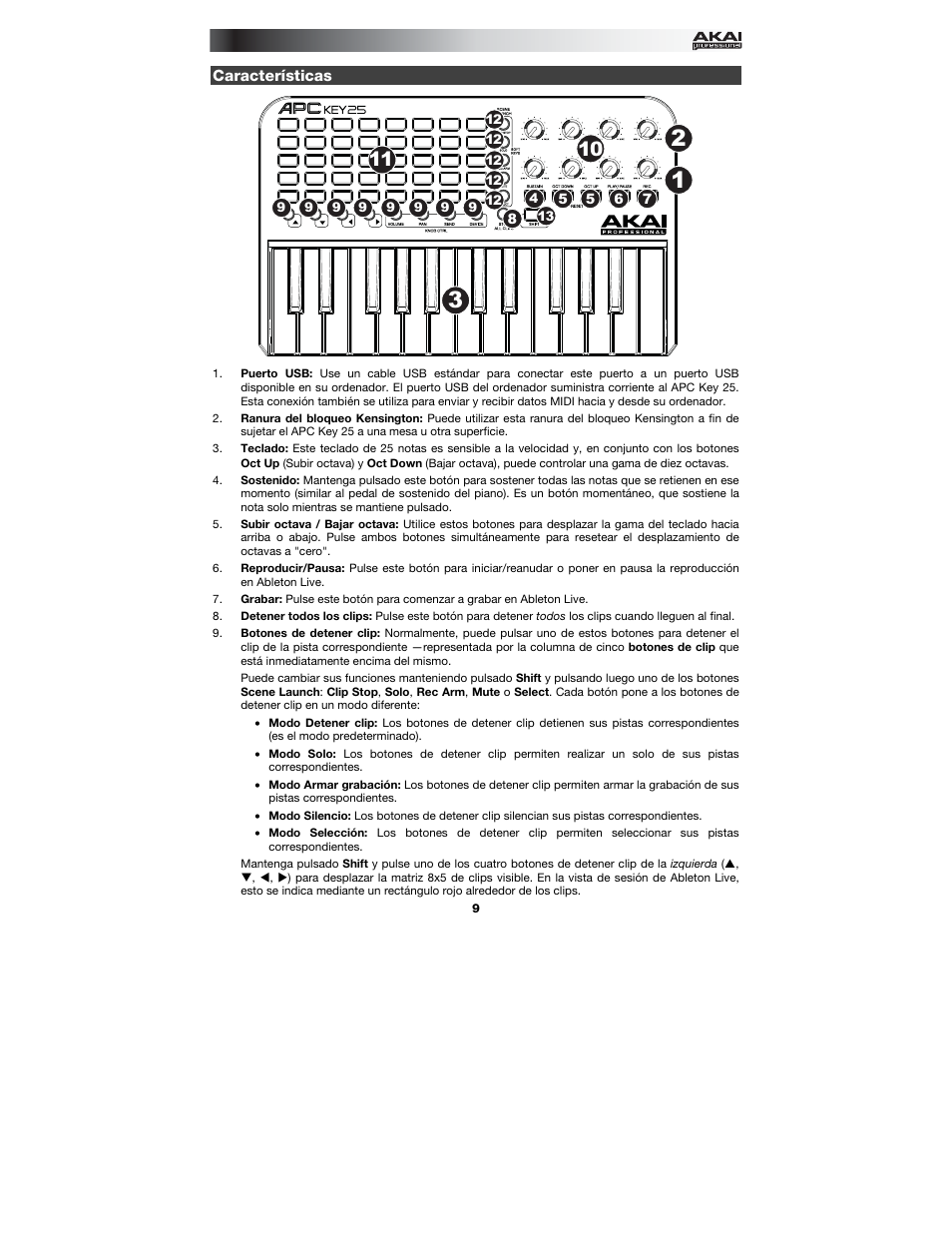 Características | Akai APC Key 25 User Manual | Page 9 / 24