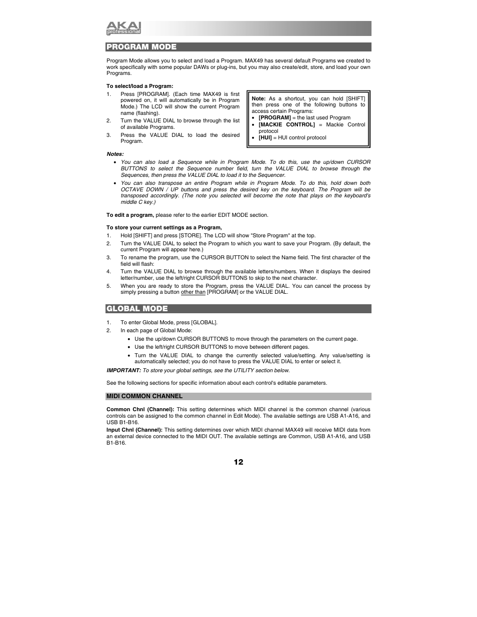 Program mode, Global mode | Akai max49 User Manual | Page 12 / 88