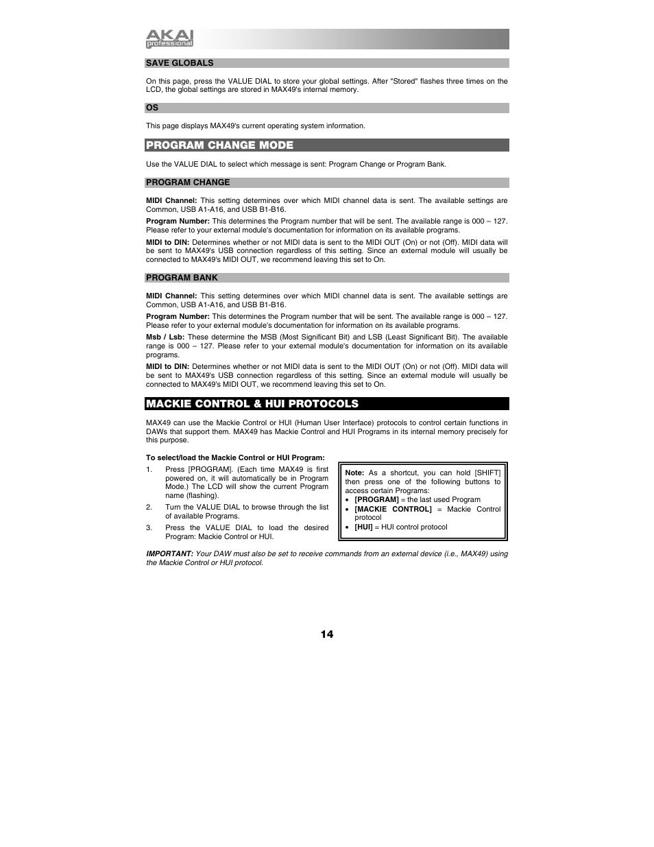 Program change mode, Mackie control & hui protocols | Akai max49 User Manual | Page 14 / 88