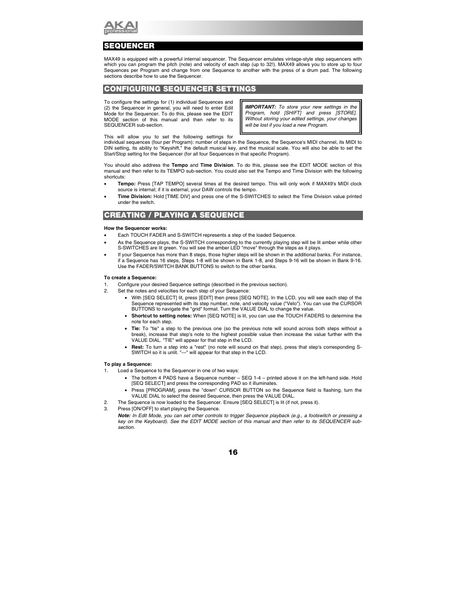 Sequencer, Configuring sequencer settings, Creating / playing a sequence | Akai max49 User Manual | Page 16 / 88