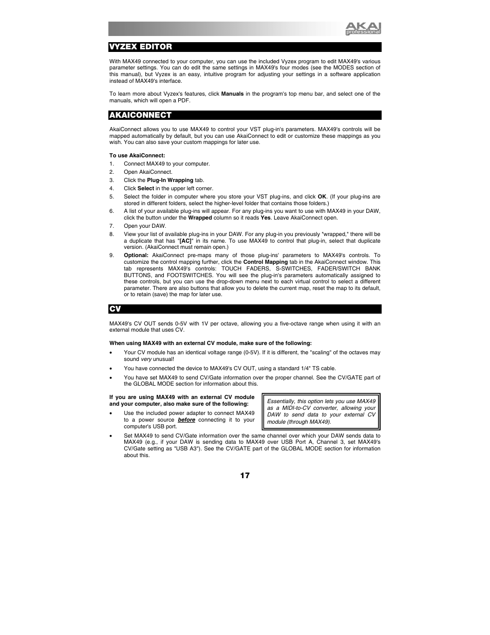 Vyzex editor, Akaiconnect | Akai max49 User Manual | Page 17 / 88