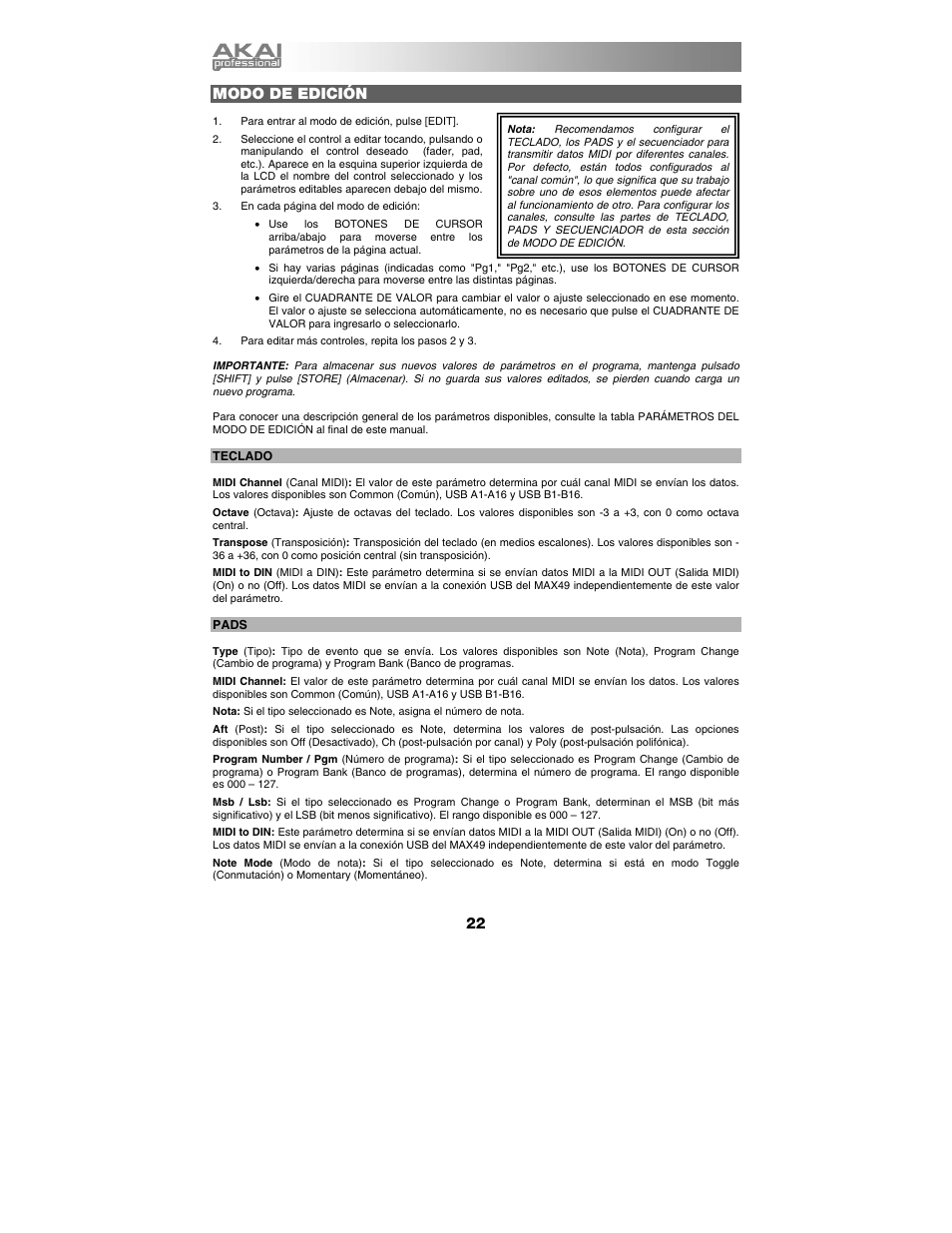 Modo de edición | Akai max49 User Manual | Page 22 / 88