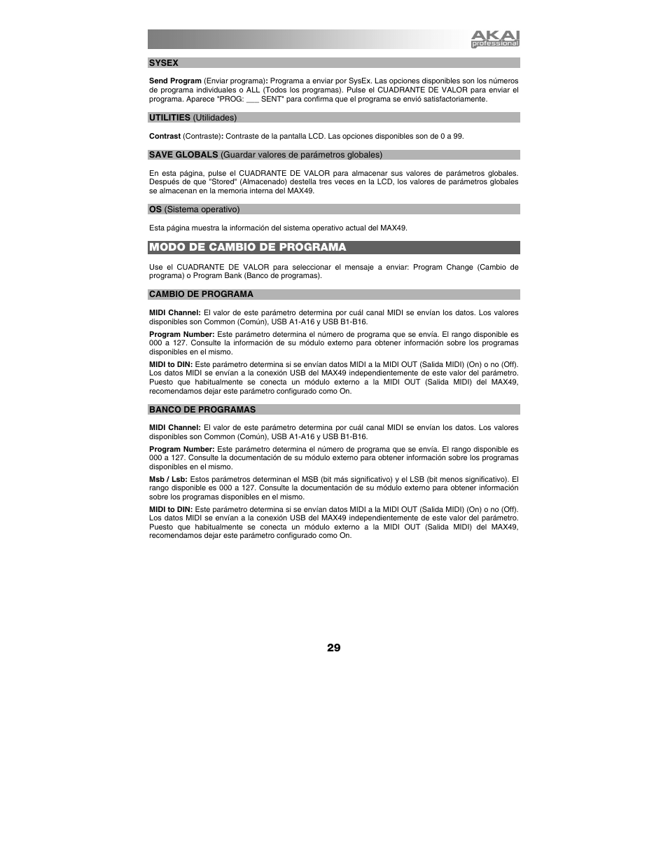 Modo de cambio de programa | Akai max49 User Manual | Page 29 / 88