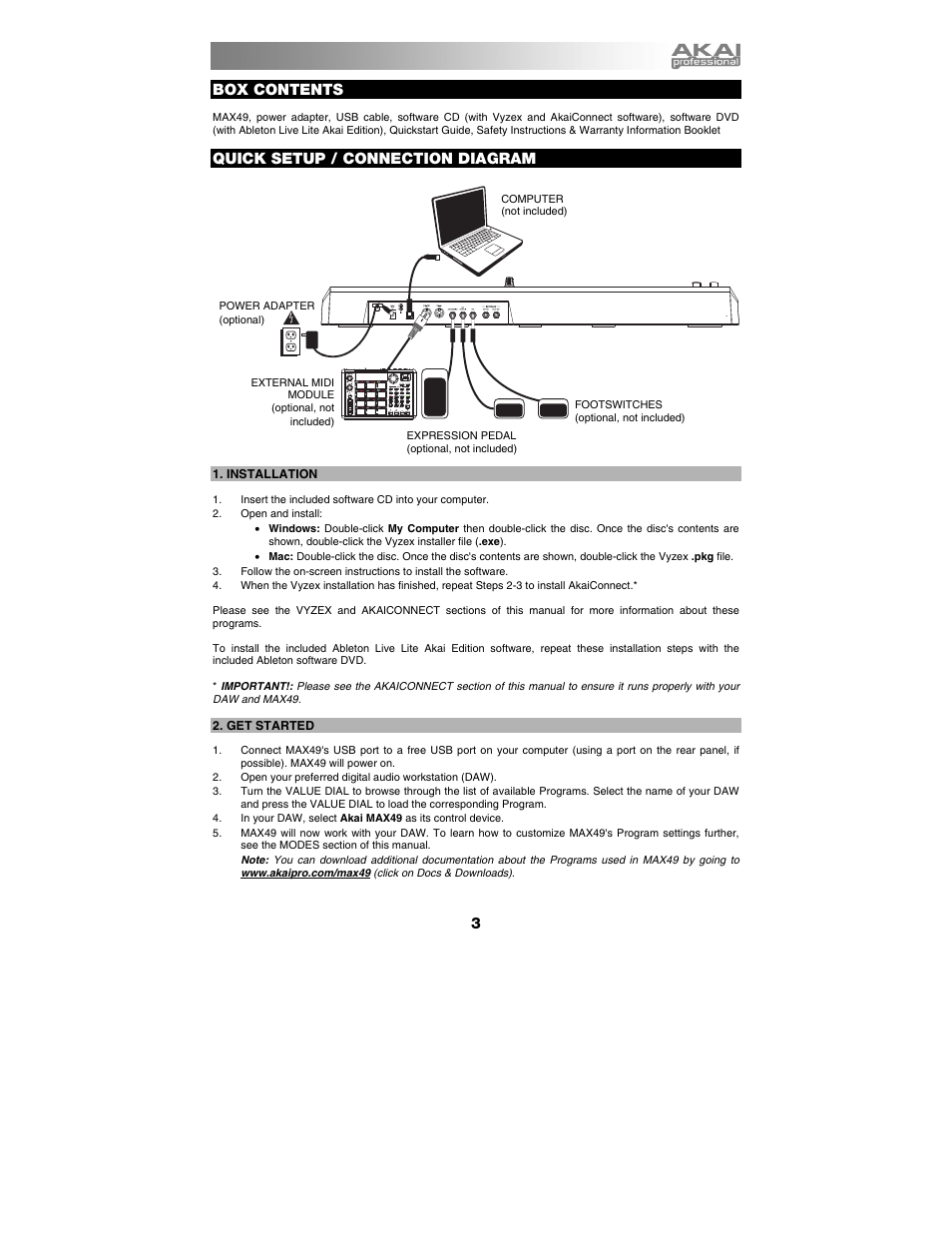 English, Box contents, Quick setup / connection diagram | Installation, Get started | Akai max49 User Manual | Page 3 / 88