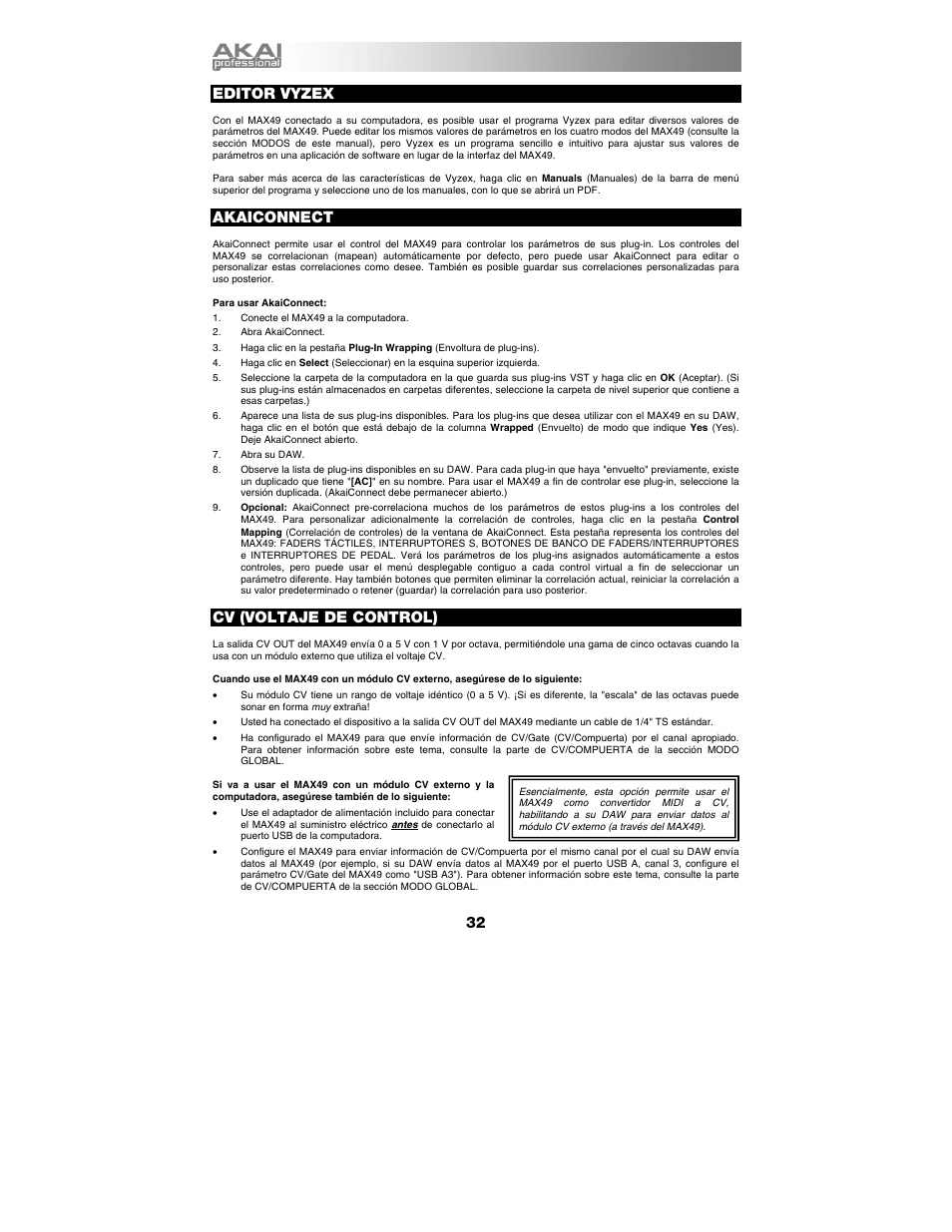 Editor vyzex, Akaiconnect, Cv (voltaje de control) | Akai max49 User Manual | Page 32 / 88