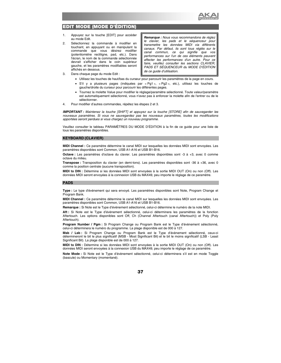 Edit mode (mode d’édition) | Akai max49 User Manual | Page 37 / 88