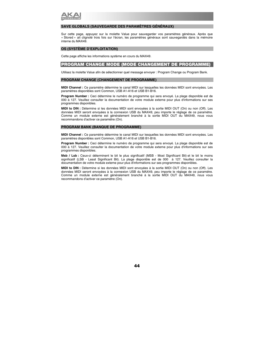 Program change mode (mode changement de programme) | Akai max49 User Manual | Page 44 / 88