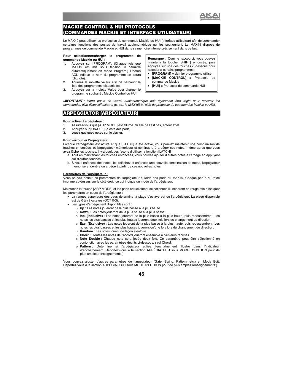 Arpeggiator (arpégiateur) | Akai max49 User Manual | Page 45 / 88