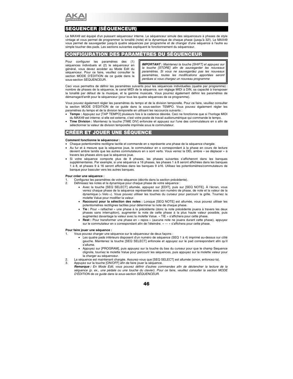 Sequencer (séquenceur), Configuration des paramètres du séquenceur, Créer et jouer une séquence | Akai max49 User Manual | Page 46 / 88