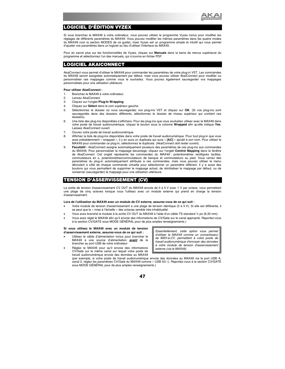 Logiciel d'édition vyzex, Logiciel akaiconnect, Tension d'asservissement (cv) | Akai max49 User Manual | Page 47 / 88