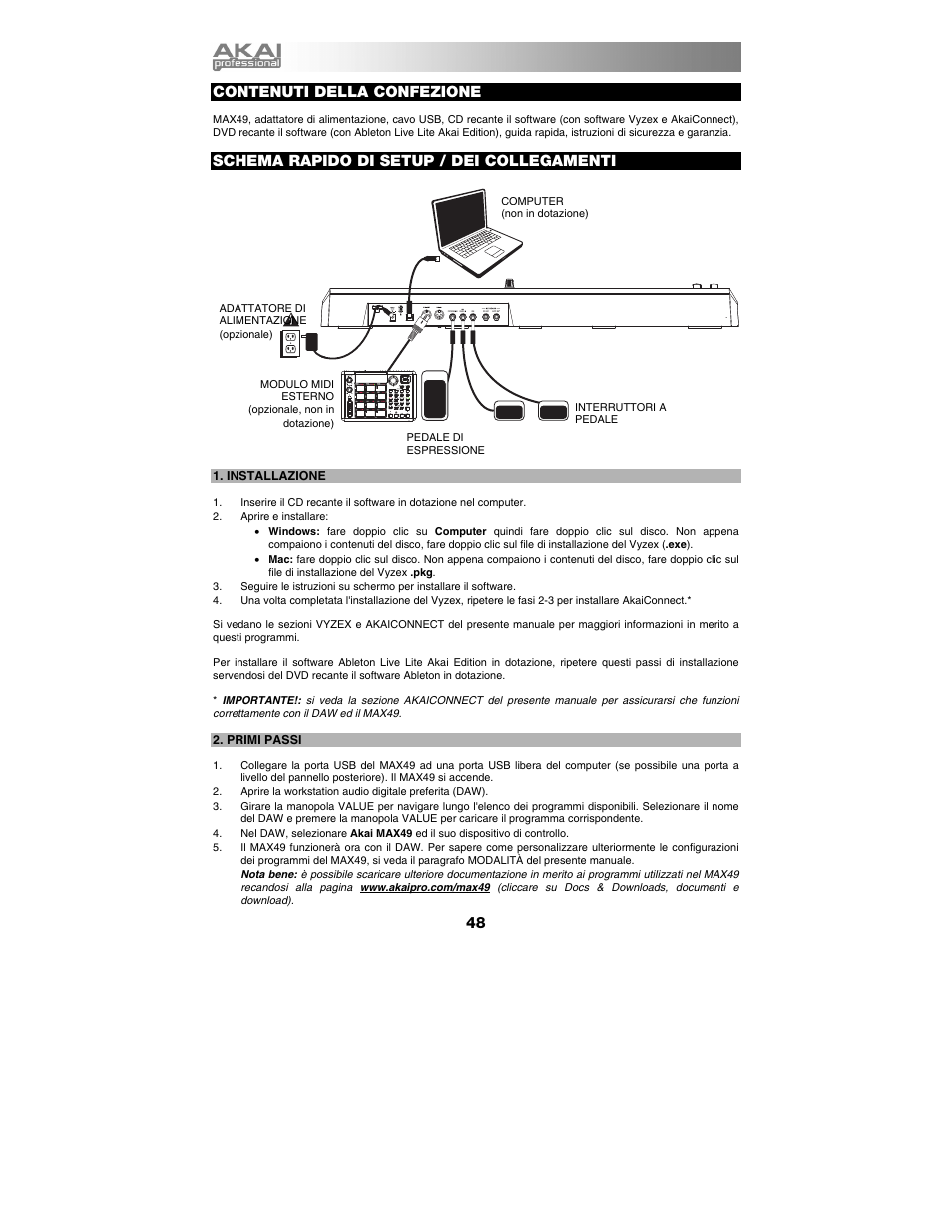 Italiano, Contenuti della confezione, Schema rapido di setup / dei collegamenti | Akai max49 User Manual | Page 48 / 88