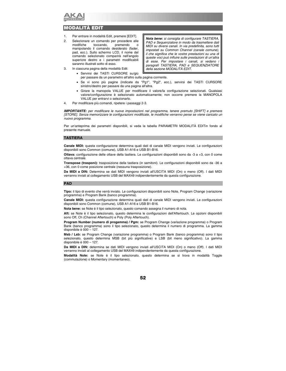 Modalità edit | Akai max49 User Manual | Page 52 / 88