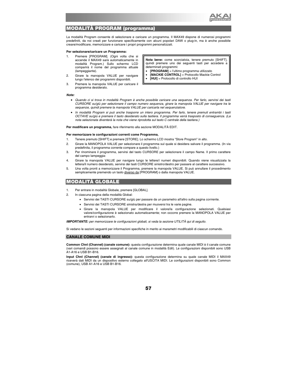 Modalità program (programma), Modalità globale | Akai max49 User Manual | Page 57 / 88