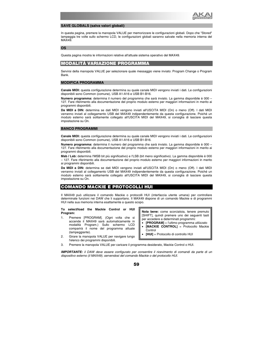 Modalità variazione programma, Comando mackie e protocolli hui | Akai max49 User Manual | Page 59 / 88