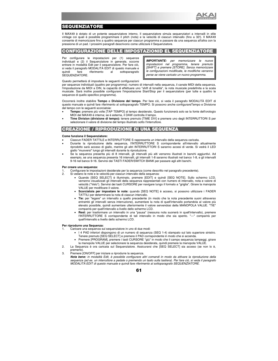 Sequenziatore, Creazione / riproduzione di una sequenza | Akai max49 User Manual | Page 61 / 88