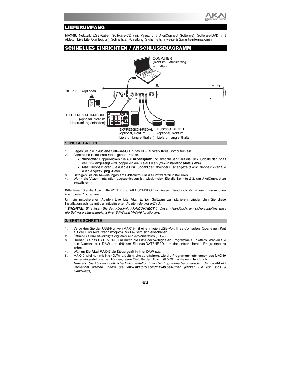 Deutsch, Lieferumfang, Schnelles einrichten / anschlussdiagramm | Akai max49 User Manual | Page 63 / 88