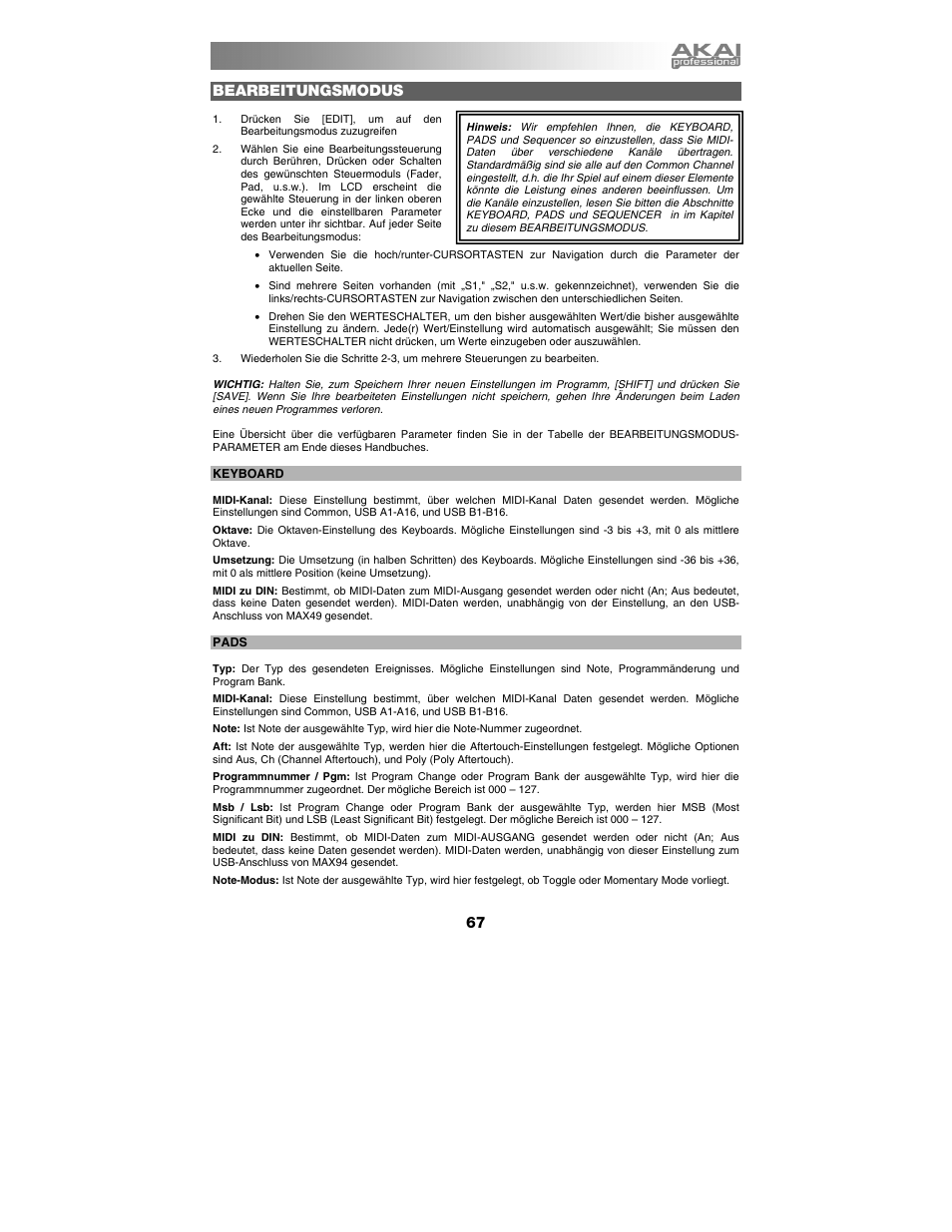Bearbeitungsmodus | Akai max49 User Manual | Page 67 / 88